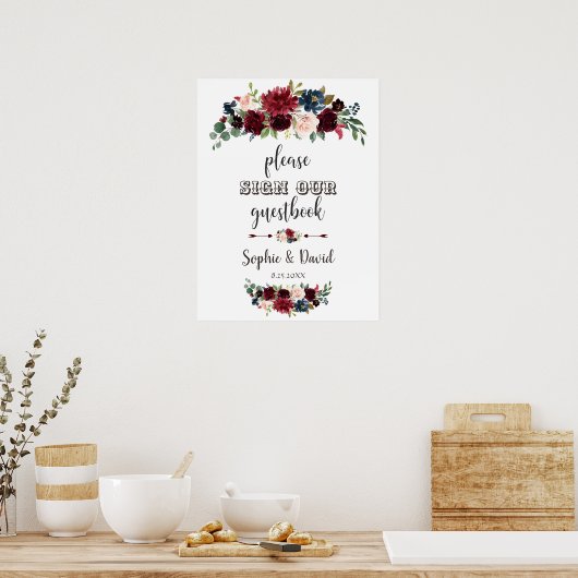Merlot Navy Blauwe Bloemen Gelieve Ons Gastenboek  Poster (Keuken)