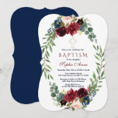Merlot Navy Blue Floral Bloom Baptism Invite Kaart (Voorkant / Achterkant)