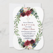 Merlot Navy Blue Floral Bloom Baptism Invite Kaart (Voorkant)