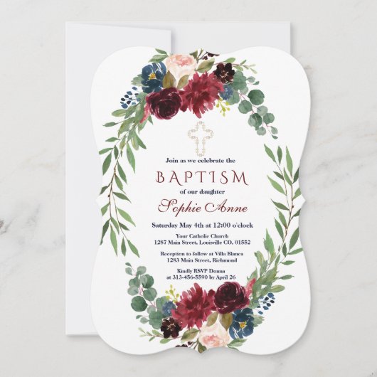 Merlot Navy Blue Floral Bloom Baptism Invite Kaart (Voorkant)