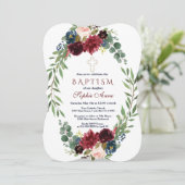 Merlot Navy Blue Floral Bloom Baptism Invite Kaart (Staand voorkant)