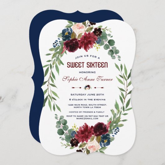 Merlot Navy Blue Floral Bloom Sweet 16 Kaart (Voorkant / Achterkant)