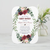 Merlot Navy Blue Floral Bloom Sweet 16 Kaart (Staand voorkant)