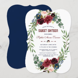 Merlot Navy Blue Floral Bloom Sweet 16 Kaart