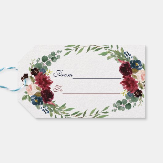Merlot Navy Blue Floral Bloom Wedding Cadeaulabel (Achterkant Horizontaal)