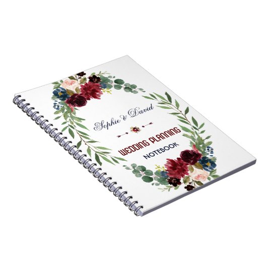 Merlot Navy Blue Floral Bloom Wedding Planner Notitieboek (Rechterzijde)