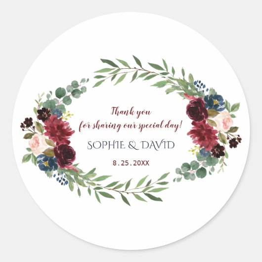 Merlot Navy Blue Floral Bloom Wedding Ronde Sticker (Voorkant)