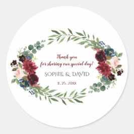 Merlot Navy Blue Floral Bloom Wedding Ronde Sticker