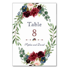 Merlot Navy Blue Floral Bloom Wedding Table Number Kaart