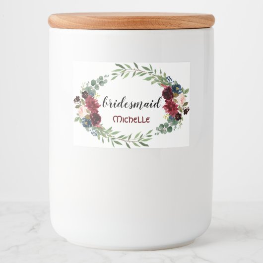 Merlot Navy Blue Floral Bloom Wedding Voedselcontainer Etiket (Voorkant)