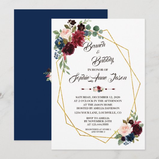 Merlot Navy Blue Floral Gold Lijst Vrijgezellenfee Kaart (Voorkant / Achterkant)