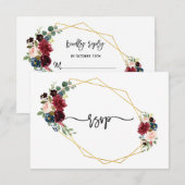 Merlot Navy Blue Floral Gold Lijst Wedding RSVP (Voorkant / Achterkant)