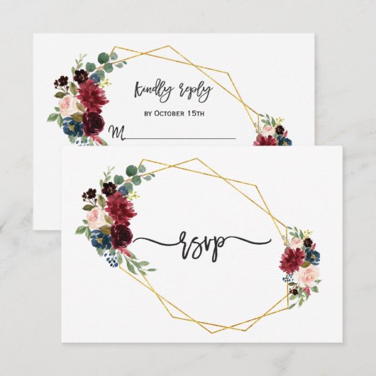 Merlot Navy Blue Floral Gold Lijst Wedding RSVP (Voorkant / Achterkant)