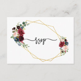 Merlot Navy Blue Floral Gold Lijst Wedding RSVP