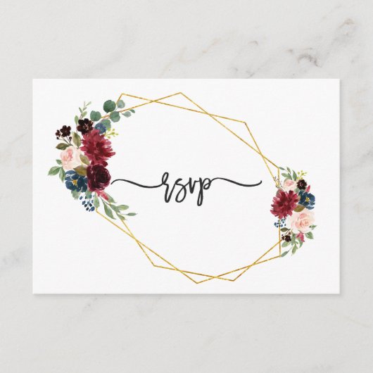Merlot Navy Blue Floral Gold Lijst Wedding RSVP (Voorkant)