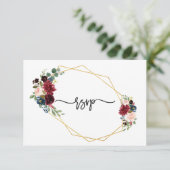 Merlot Navy Blue Floral Gold Lijst Wedding RSVP (Staand voorkant)