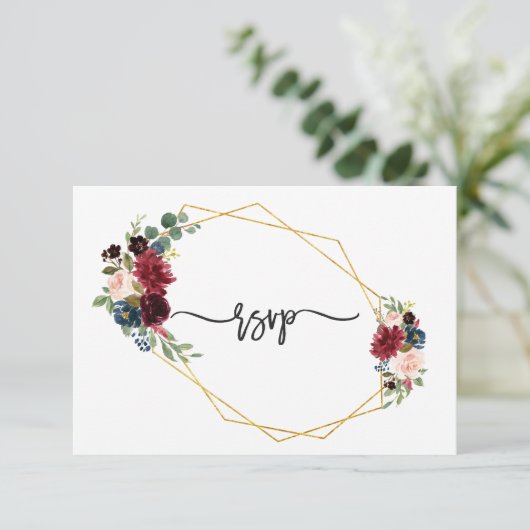 Merlot Navy Blue Floral Gold Lijst Wedding RSVP (Staand voorkant)