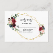 Merlot Navy Blue Floral Gold Lijst Wedding RSVP (Achterkant)