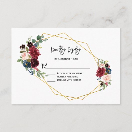 Merlot Navy Blue Floral Gold Lijst Wedding RSVP (Achterkant)