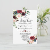 Merlot Navy Floral Handwriting Rehearsal Dinner Kaart (Staand voorkant)