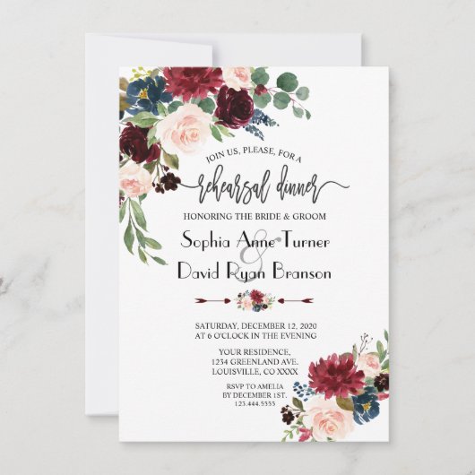 Merlot Navy Floral Handwriting Rehearsal Dinner Kaart (Voorkant)
