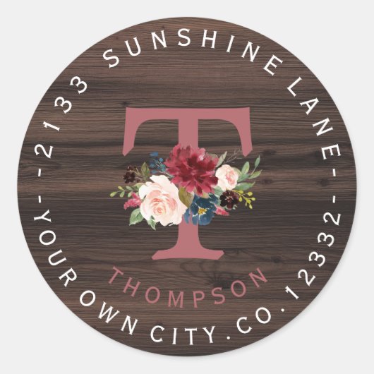 Merlot Navy Floral Monogram Circular Address Label (Voorkant)