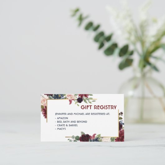 Merlot & Navy Floral Wedding Event Gift Registry Informatiekaartje (Staand voorkant)