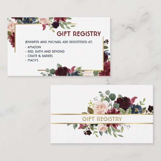 Merlot & Navy Floral Wedding Event Gift Registry Informatiekaartje (Voorkant / Achterkant)