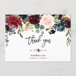 Merlot Navy Floral Wedding Handwrity Hartelijk dan Bedankkaart