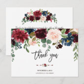 Merlot Navy Floral Wedding Handwrity Hartelijk dan Bedankkaart (Voorkant / Achterkant)