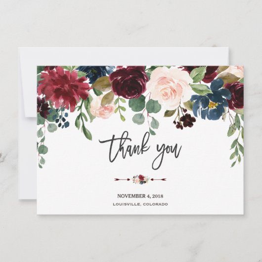 Merlot Navy Floral Wedding Handwrity Hartelijk dan Bedankkaart (Voorkant)