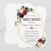 Merlot Navyblauw Bloem Goud Frame Sweet 16 Kaart (Voorkant / Achterkant)