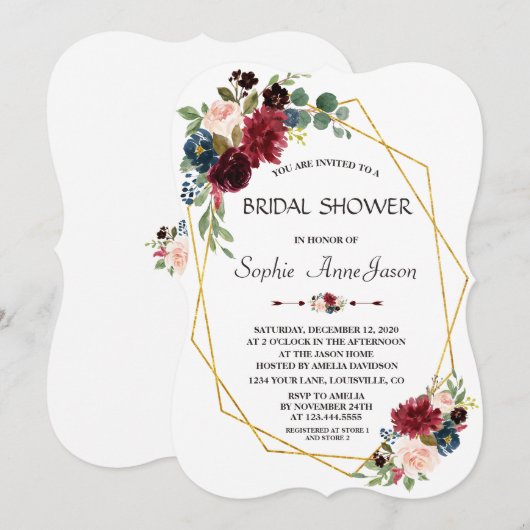 Merlot Navyblauw Bloemengoud Diamanten Bruiloftsfe Kaart (Voorkant / Achterkant)