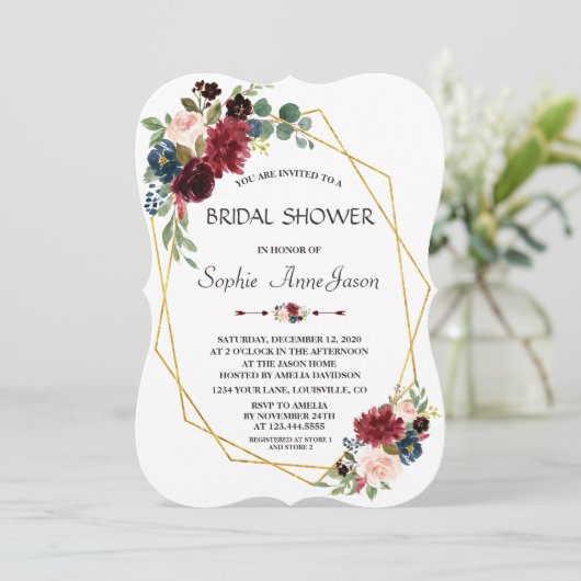 Merlot Navyblauw Bloemengoud Diamanten Bruiloftsfe Kaart (Staand voorkant)