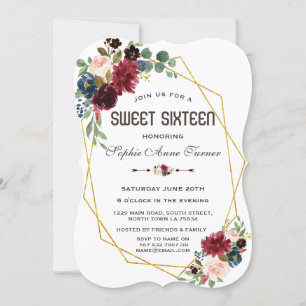 Merlot Navyblauw Bloemengoud Frame Sweet 16 Kaart