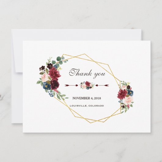 Merlot Navyblauw Bloemig Gouden Frame Dank je Bedankkaart (Voorkant)