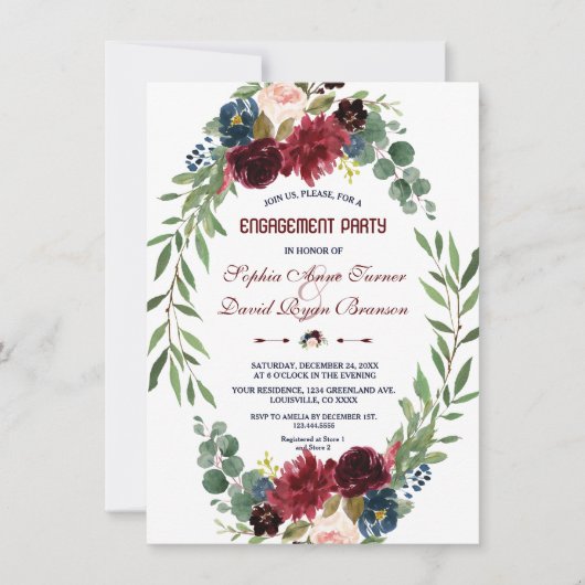 Merlot Navyblauw Bloemige Bloei Verlovingsfeest Kaart (Voorkant)