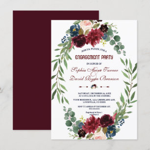 Merlot Navyblauw Bloemige Bloei Verlovingsfeest Kaart
