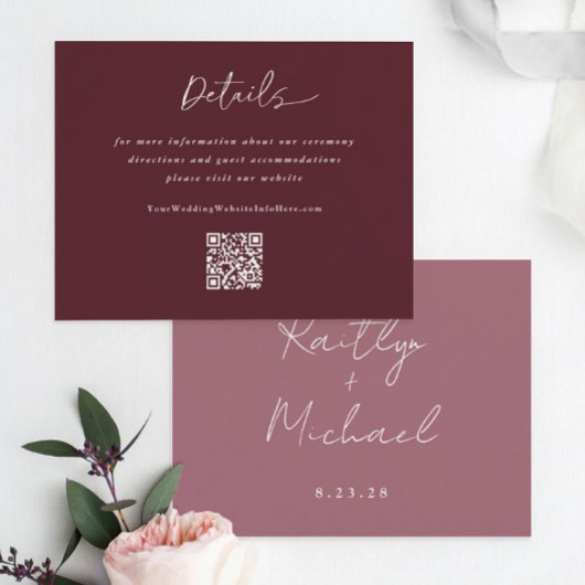 Merlot Wedding Modern Handschrift Details QR Code Informatiekaartje