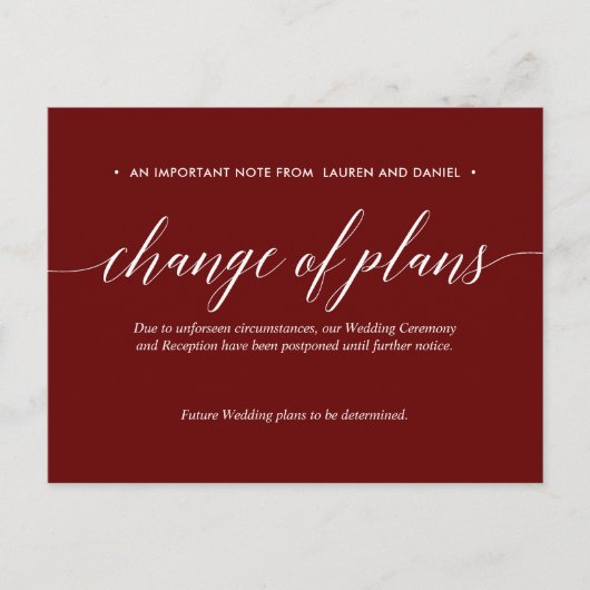 Merlot Wijziging van plannen Uitgesteld Geannuleer Aankondigingskaart (Voorkant)