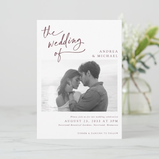 Merlot Wine Burgundy Modern Photo Wedding Kaart (Staand voorkant)