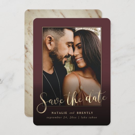 Merlot Wine Red Gold Script & marble Photo Overlay Save The Date (Voorkant / Achterkant)