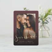 Merlot Wine Red Gold Script & marble Photo Overlay Save The Date (Staand voorkant)