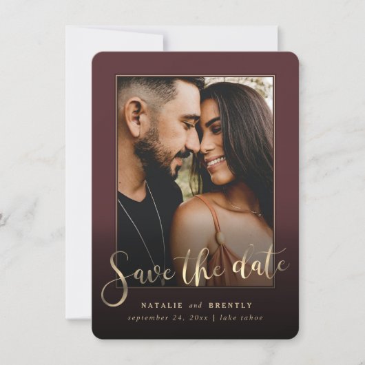 Merlot Wine Red Gold Script & marble Photo Overlay Save The Date (Voorkant)