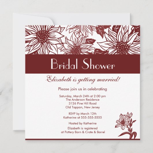 Merlot Wine Sunflower Bridal Shower Invitation Kaart (Voorkant)