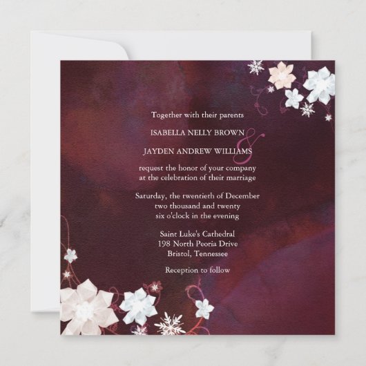 Merlot + Witte Winter Bling Bruiloft Garland Kaart (Achterkant)