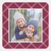 Merlotwijn Rood Geruit Kader Kerst Foto Vierkante Sticker (Voorkant)