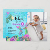 Mermaid 1st Birthday Foto Kaart (Voorkant / Achterkant)