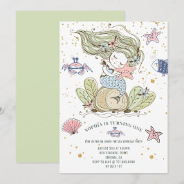 Mermaid 1st Birthday Green Invitation Kaart