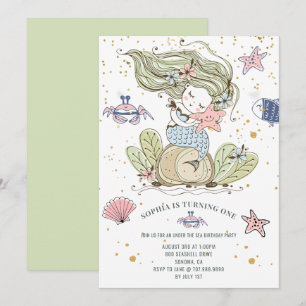 Mermaid 1st Birthday Green Invitation Kaart
